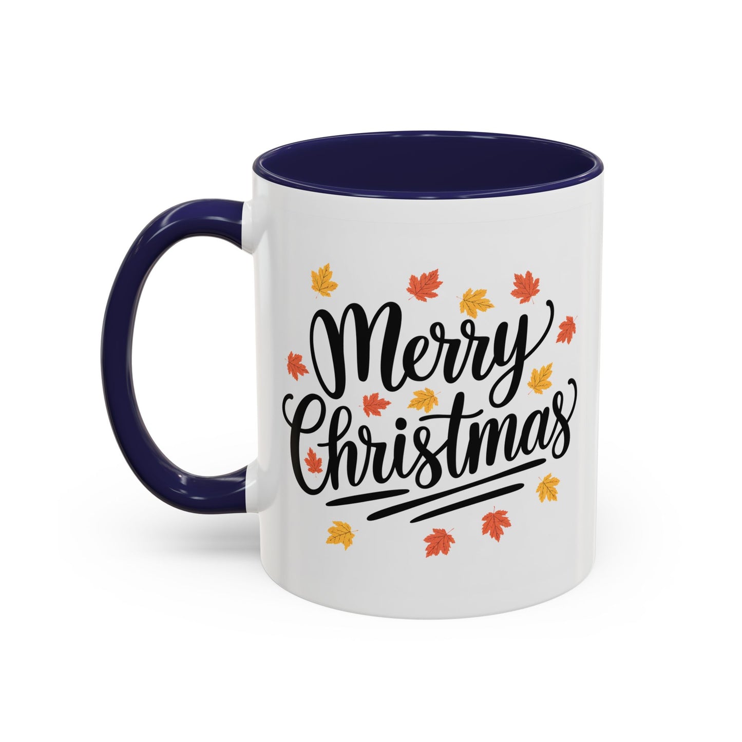 Christmas Mug - Merry Christmas Black Text Fall Leaves