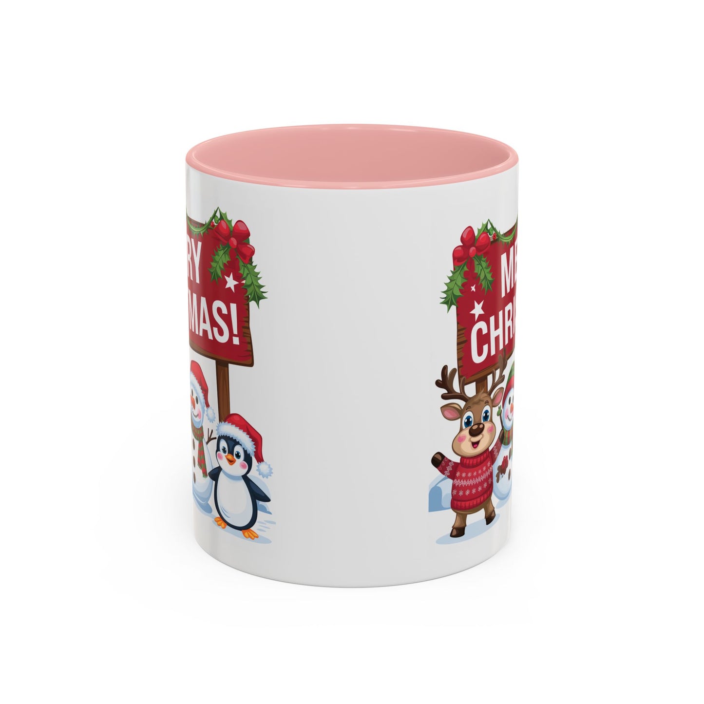 Christmas Mug - Merry Christmas White Text Reindeer Snowmen Penguin