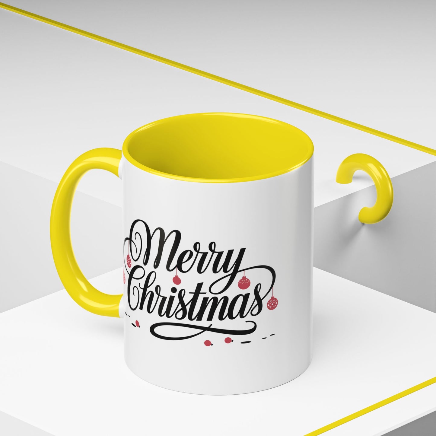 Christmas Mug - Merry Christmas Black Text Red Ornaments
