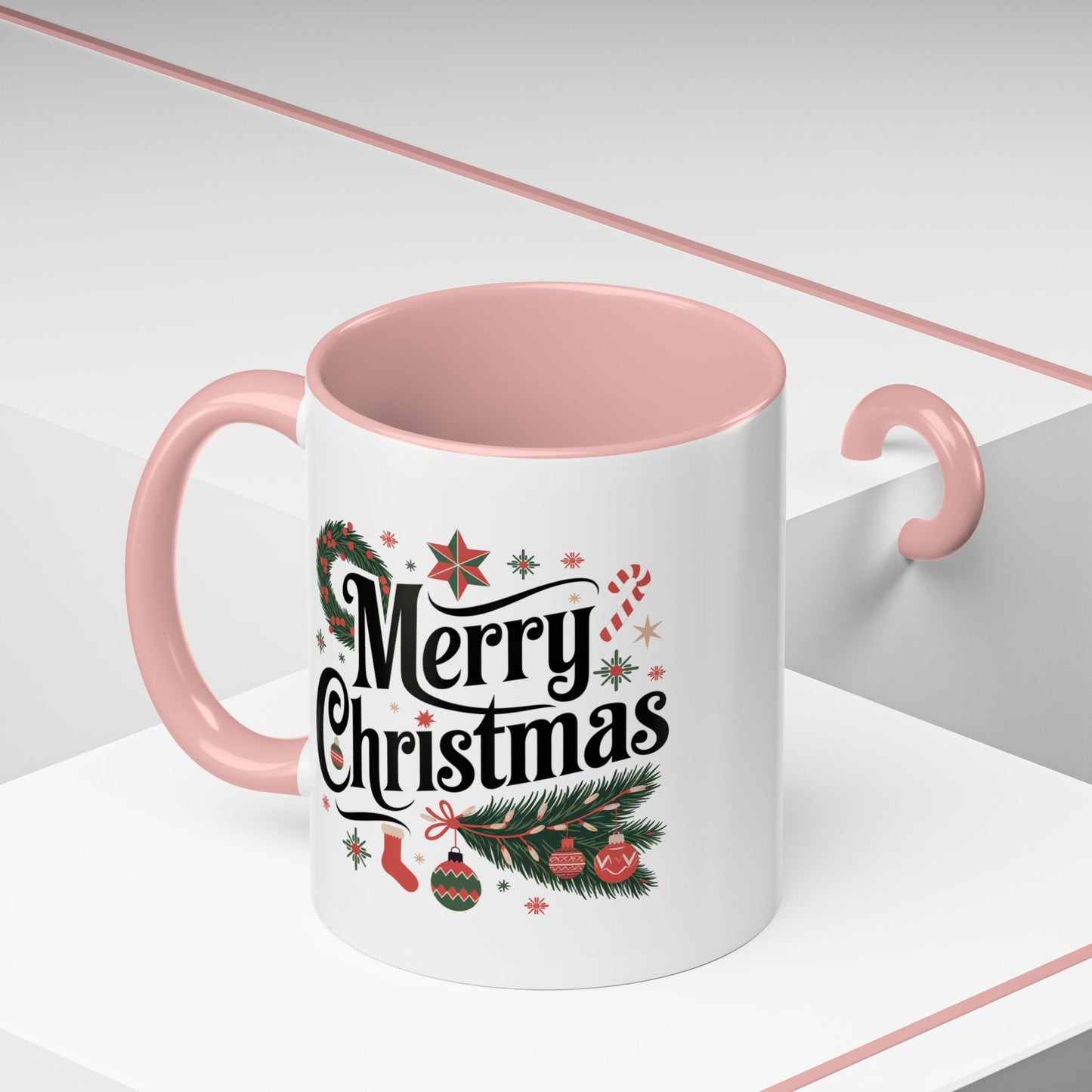 Christmas Mug - Merry Christmas Black Text Star Stocking Ornament Candy Cane
