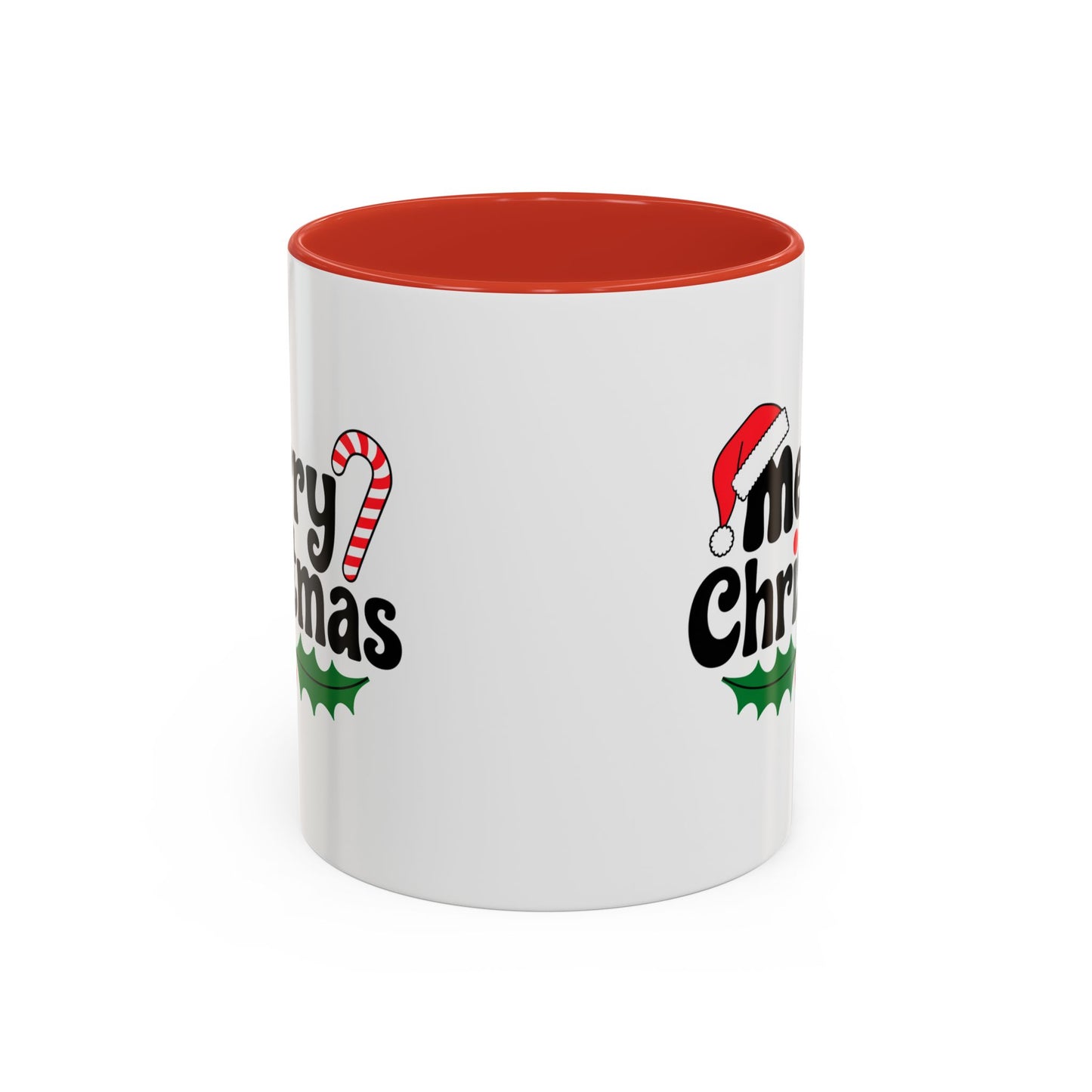 Christmas Mug - Merry Christmas Black Text Hat Candy Cane Mistletoe