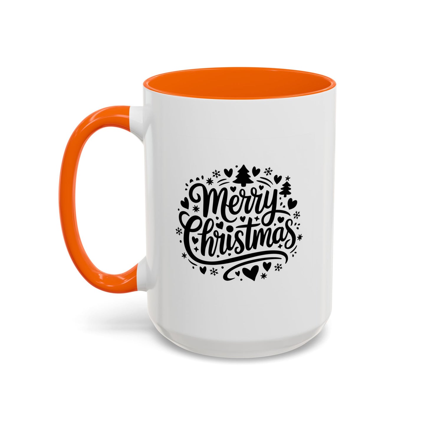 Christmas Mug - Merry Christmas Black Text Trees Snowflakes Hearts