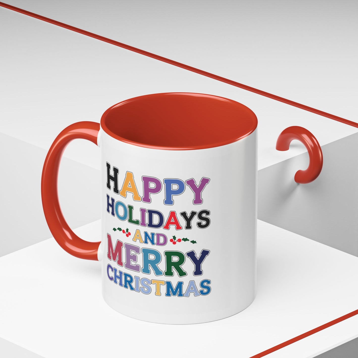 Christmas Mug - Happy Holidays and Merry Christmas Blue Yellow Purple Orange Red Text