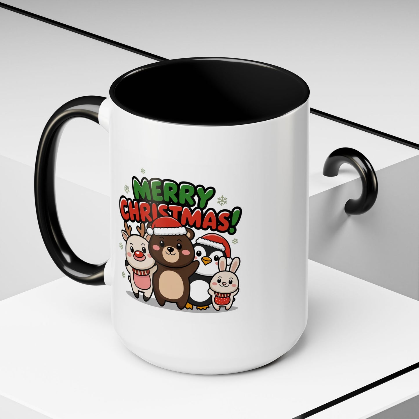 Christmas Mug - Merry Christmas Green & Red Text Cute Animals