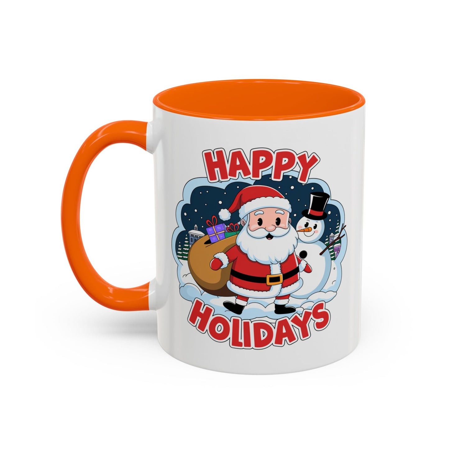 Christmas Mug - Happy Holidays Red & White Text Santa Snowman