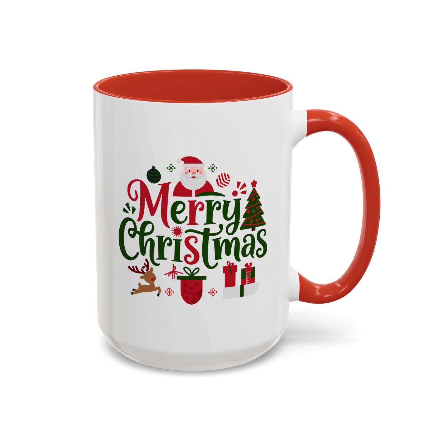 Christmas Mug - Merry Christmas Red & Green Text Santa Reindeer Tree Sleigh Ornaments
