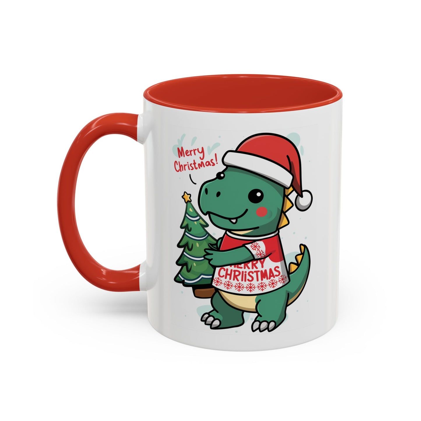 Christmas Mug - Merry Christmas Red Text Dinosaur Tree