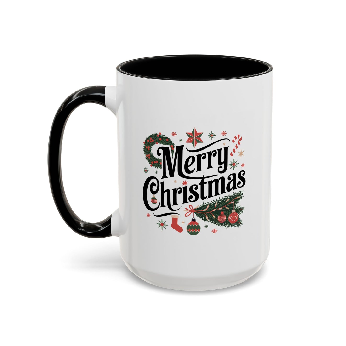 Christmas Mug - Merry Christmas Black Text Star Stocking Ornament Candy Cane