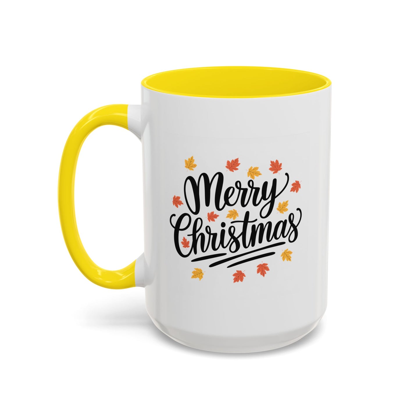 Christmas Mug - Merry Christmas Black Text Fall Leaves