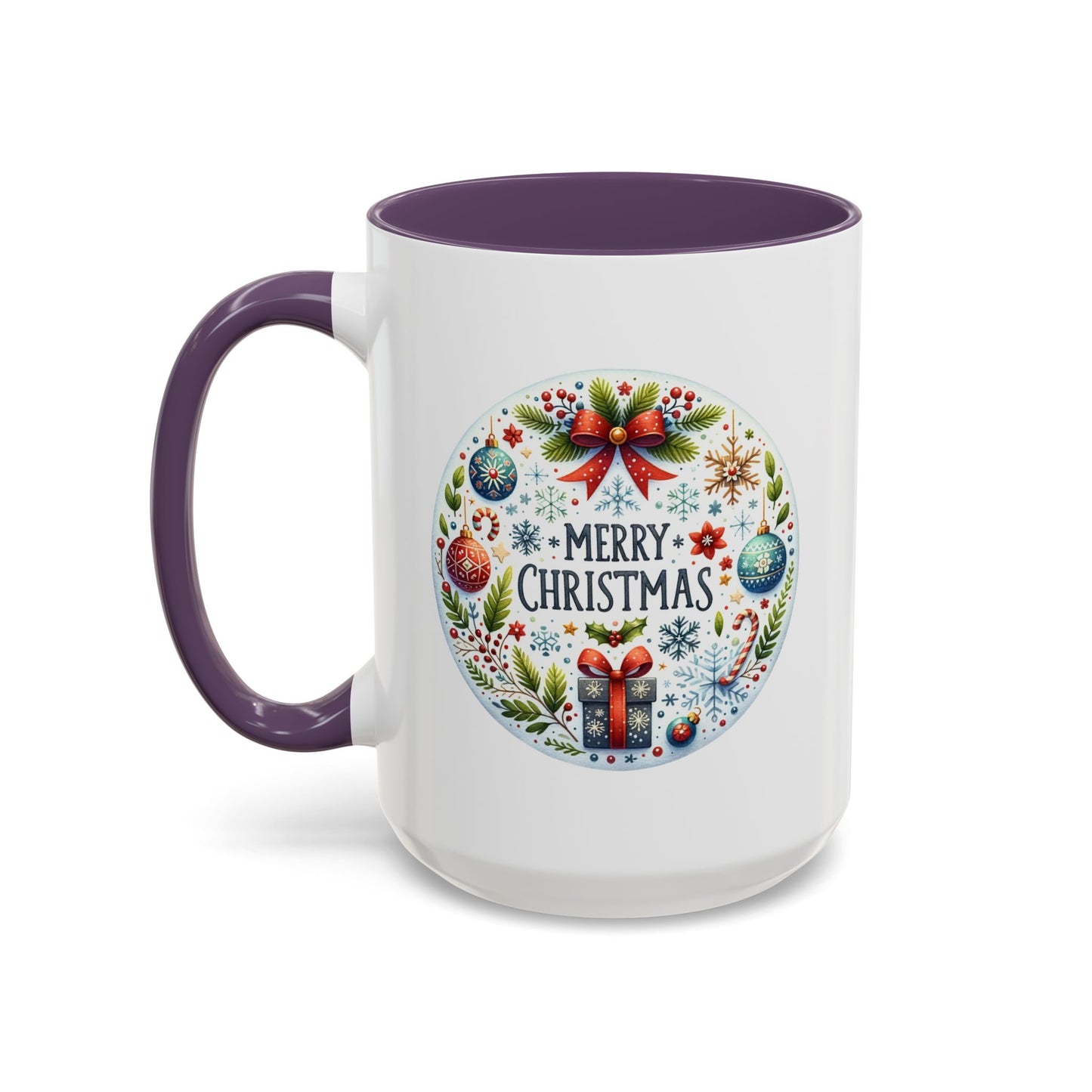 Christmas Mug - Merry Christmas Blue Text Bow Present Ornaments