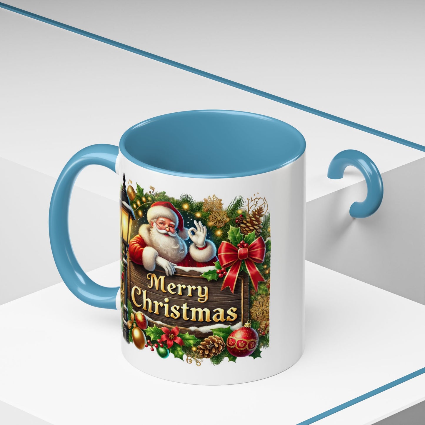 Christmas Mug - Merry Christmas Cream Text Santa Ok Light Bow Ornaments