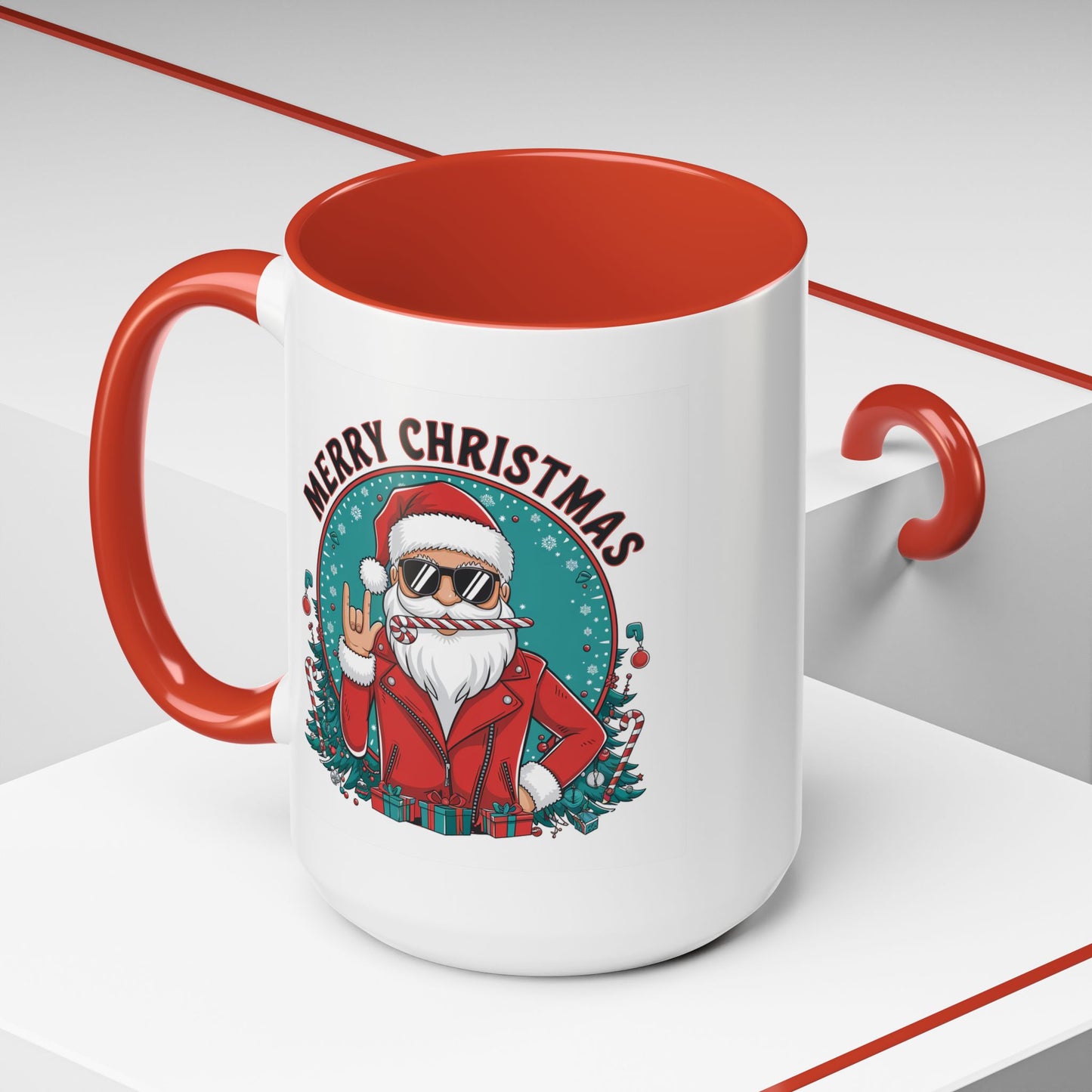 Christmas Mug - Merry Christmas Black & Red Text Cool Santa