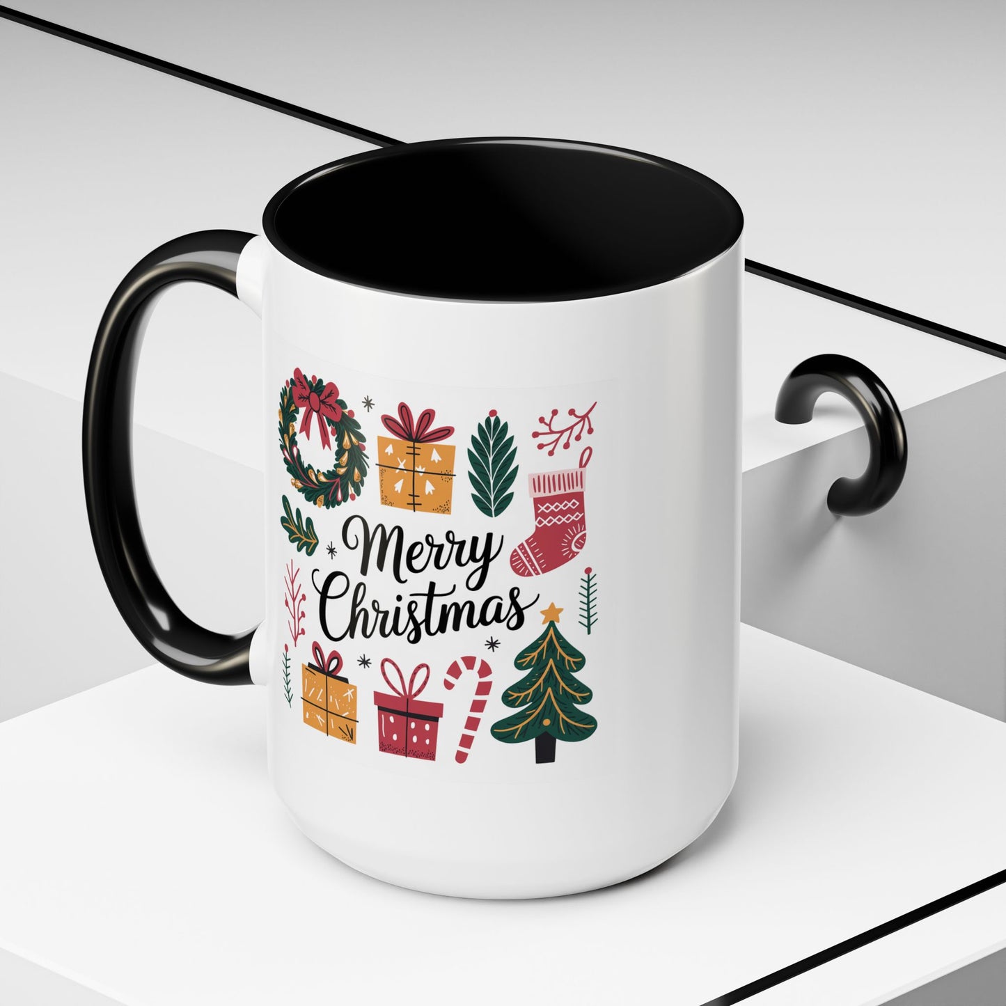 Christmas Mug - Merry Christmas Green Text Presents Tree Candy Cane