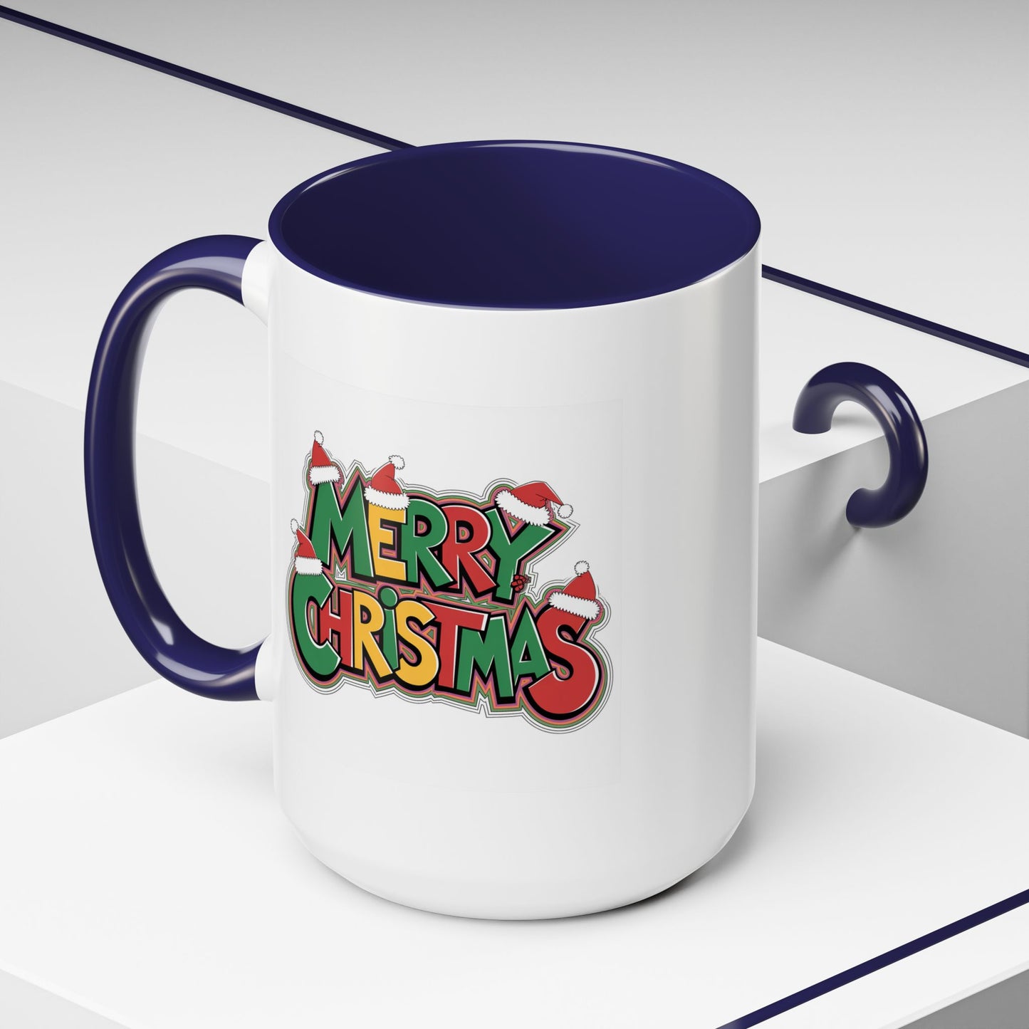 Christmas Mug - Merry Christmas Green Yellow & Red Text Hats