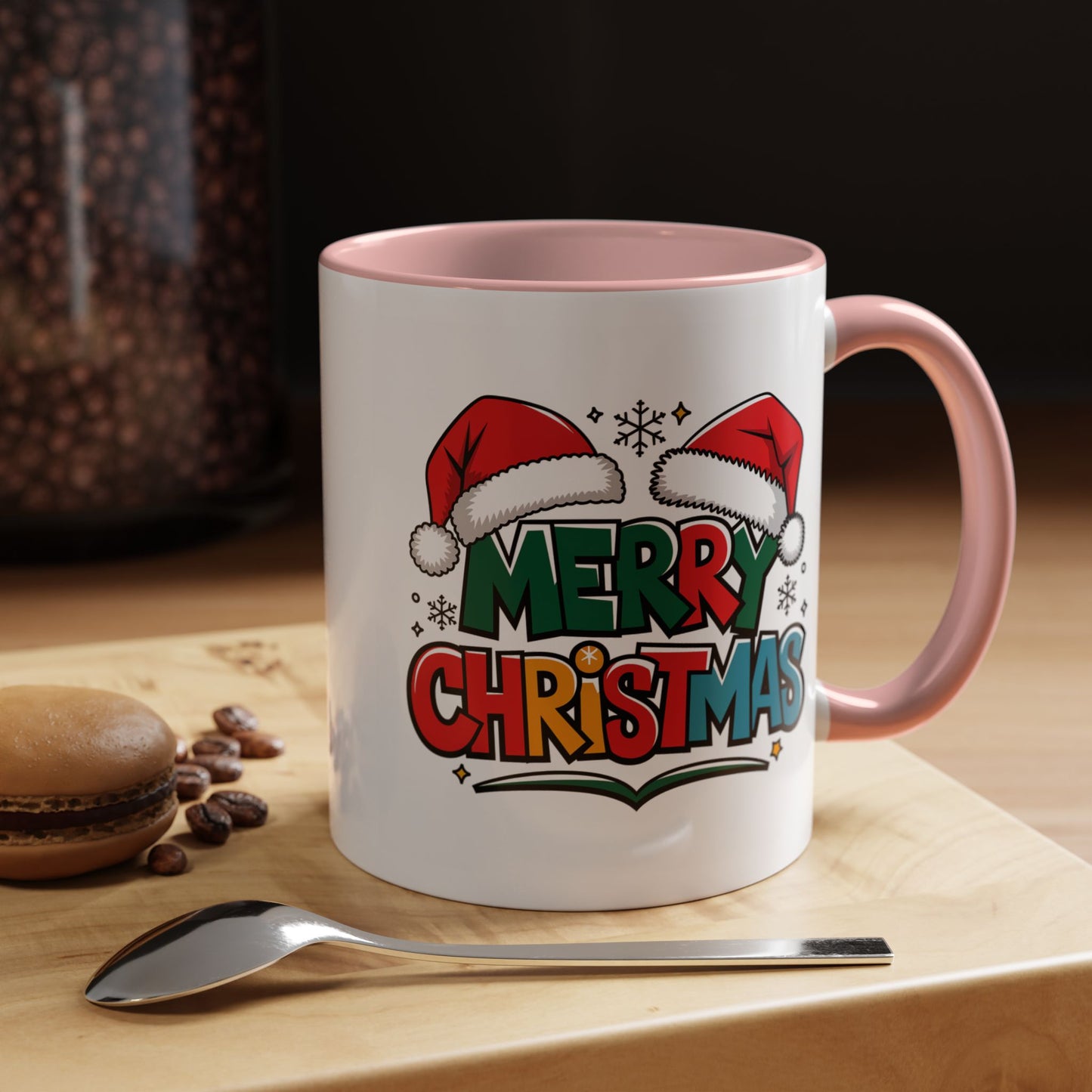 Christmas Mug - Merry Christmas Green Red Yellow and Blue Text Red Hats