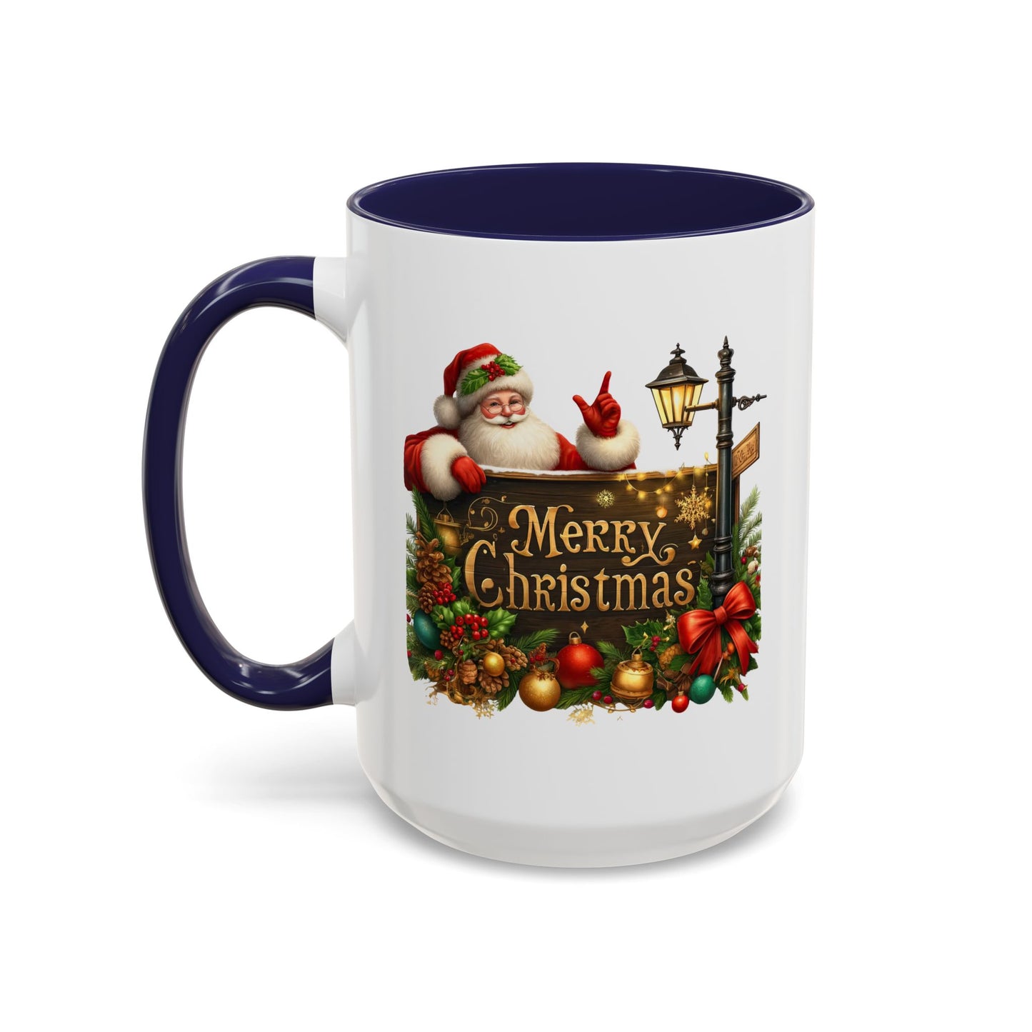 Christmas Mug - Merry Christmas Gold Text Santa Point Ornaments