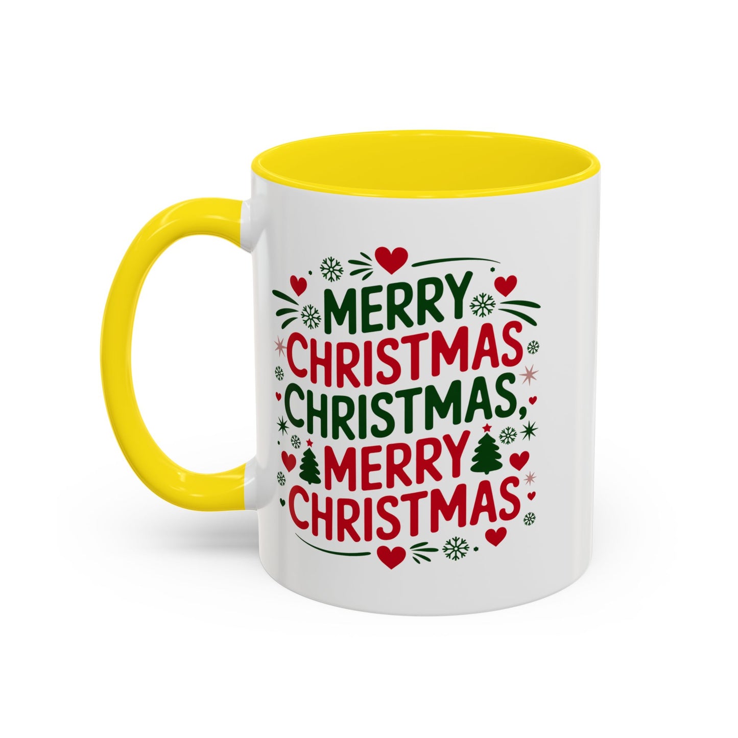 Christmas Mug - Merry Christmas Green & Red Text Trees Hearts Snowflakes Stars