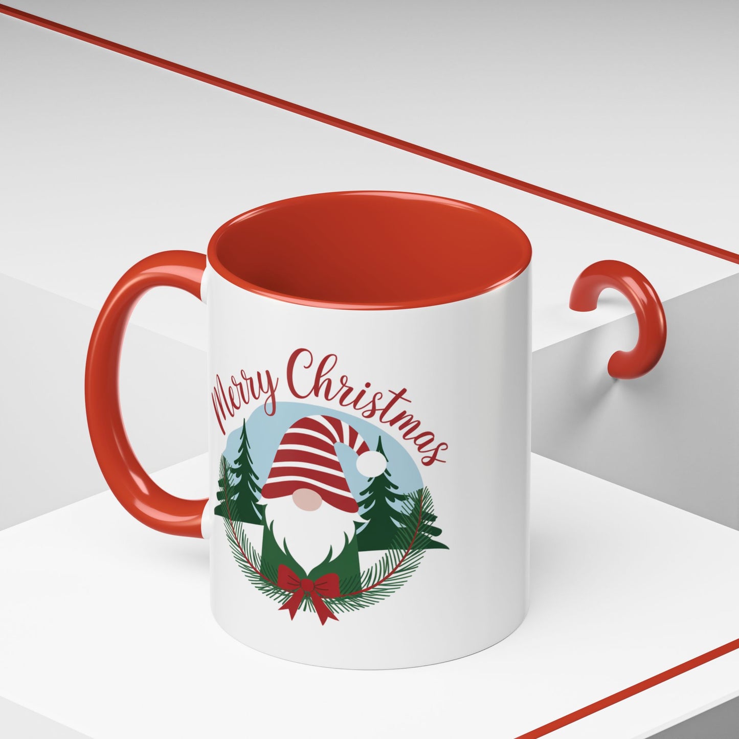 Christmas Mug - Merry Christmas Red Text Gnome Bow Tree