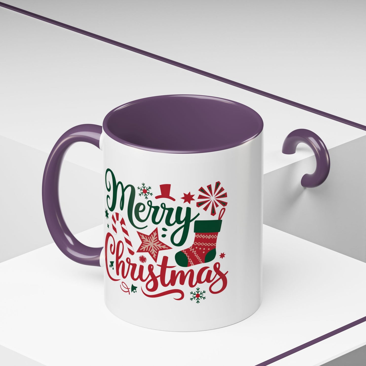 Christmas Mug - Merry Christmas Green & Red Text Star Candy Cane Stocking Snowflake