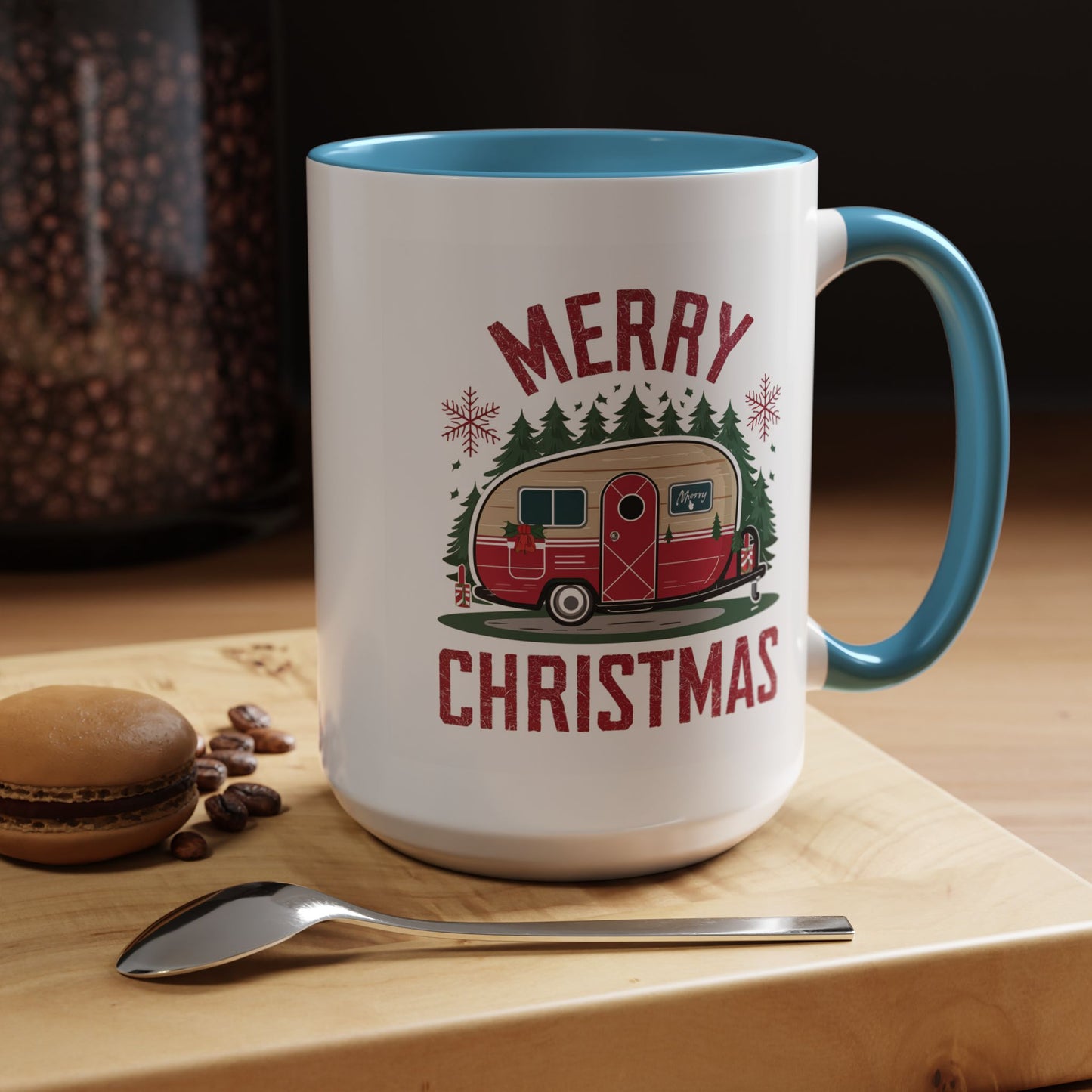 Christmas Mug - Merry Christmas Maroon Text Camper Trees Snowflakes