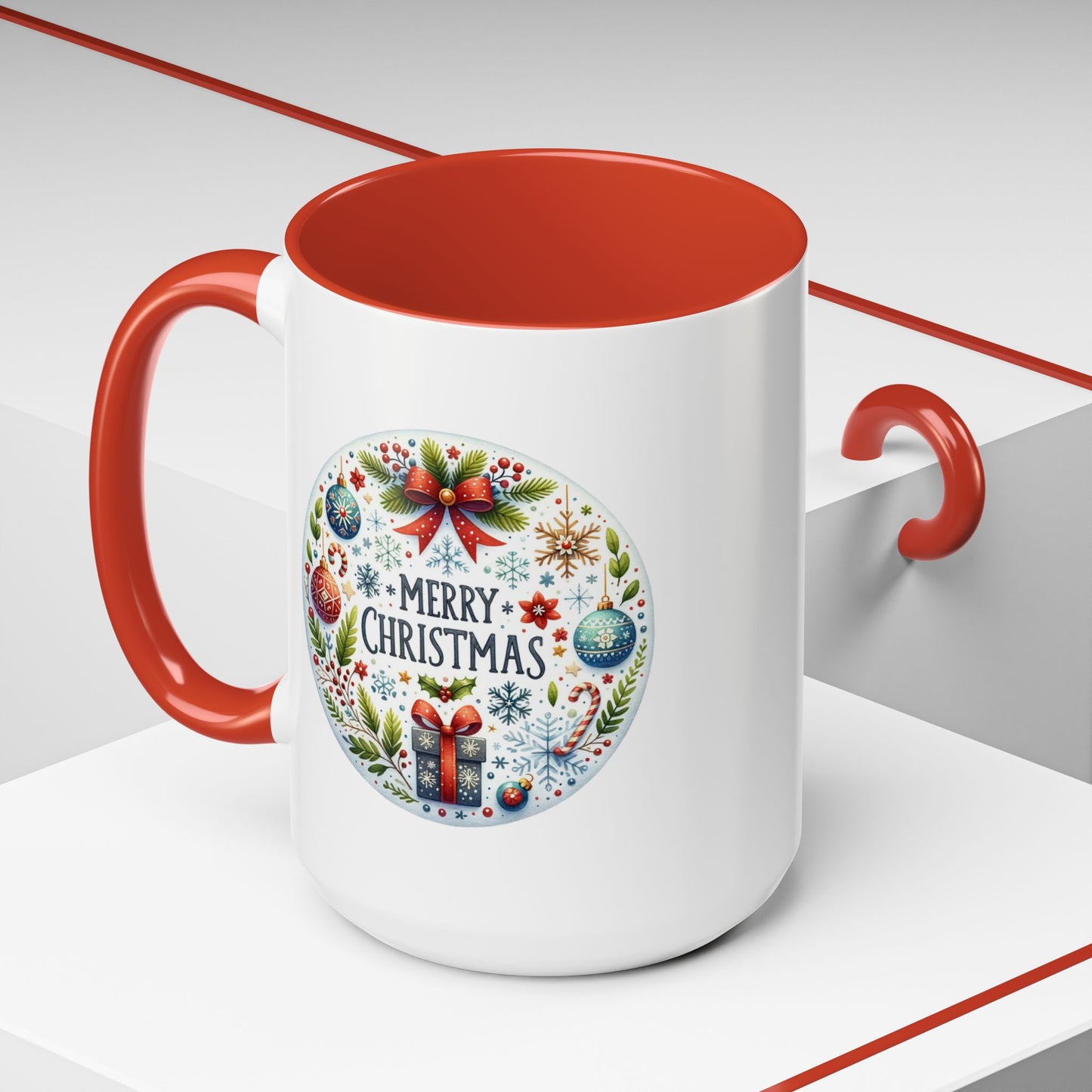 Christmas Mug - Merry Christmas Blue Text Bow Present Ornaments