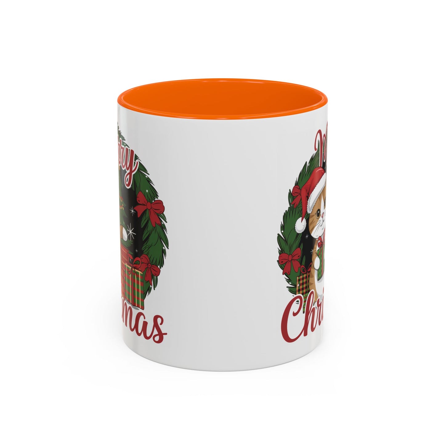 Christmas Mug - Merry Christmas Red Text Cat Presents Wreath