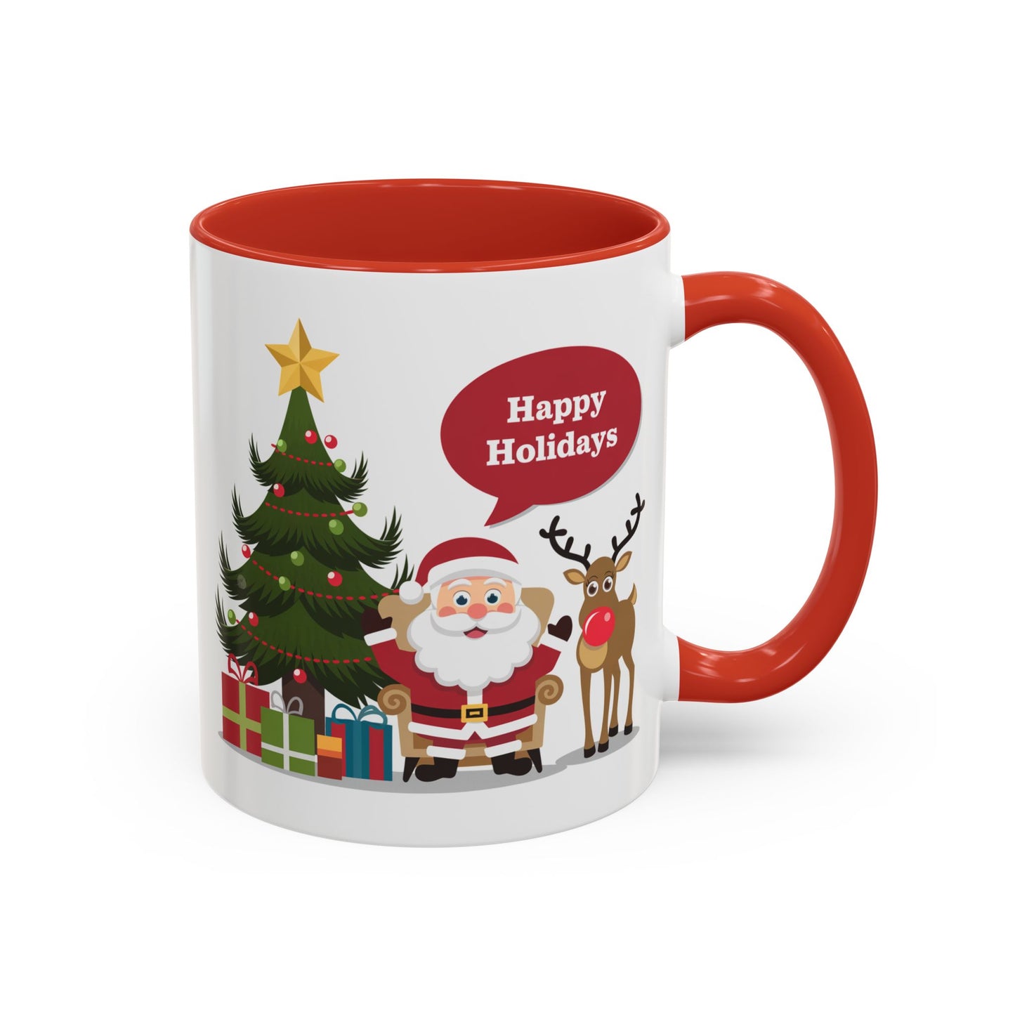 Christmas Mug - Happy Holidays Callout Santa Tree Presents Reindeer