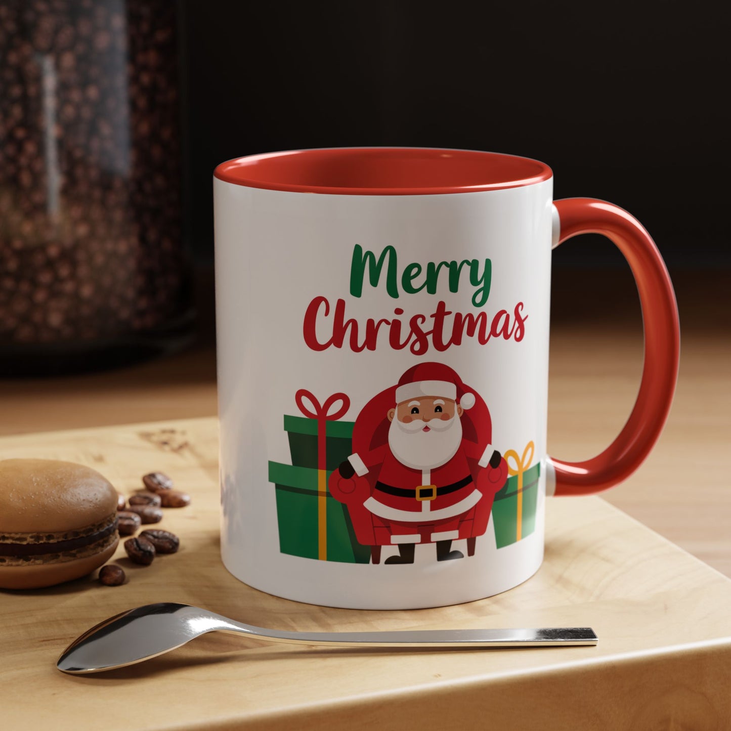 Christmas Mug - Merry Christmas Green & Red Text Santa Presents