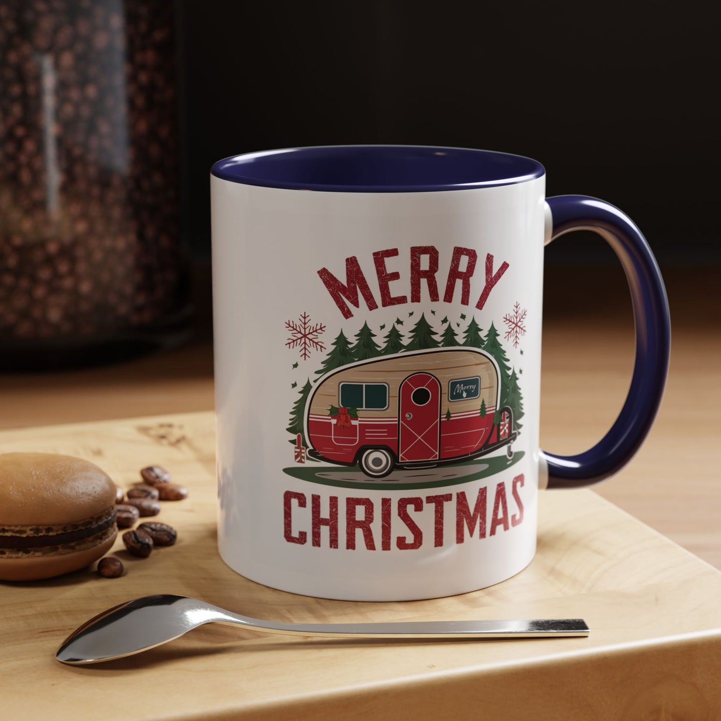 Christmas Mug - Merry Christmas Maroon Text Camper Trees Snowflakes