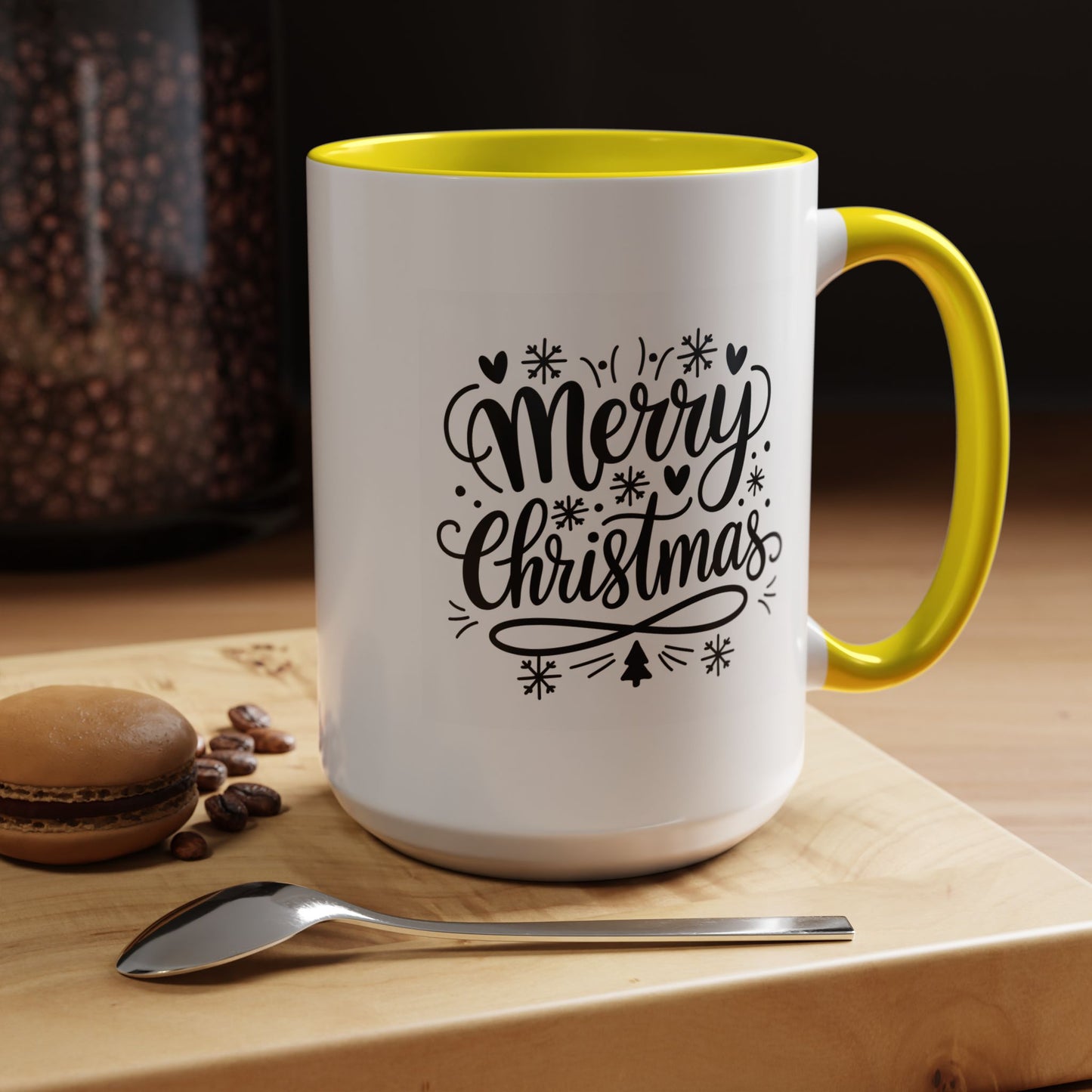 Christmas Mug - Merry Christmas Black Text Tree Snowflakes Hearts