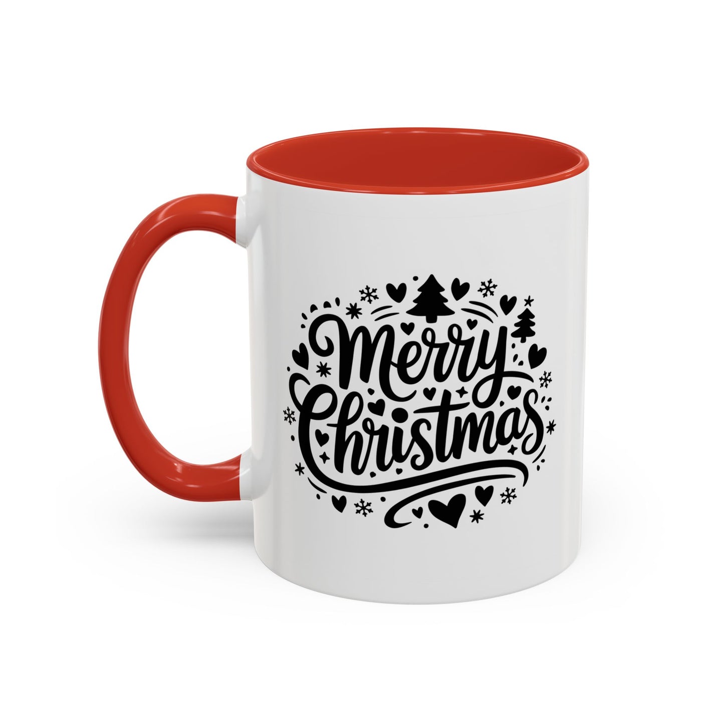 Christmas Mug - Merry Christmas Black Text Trees Snowflakes Hearts