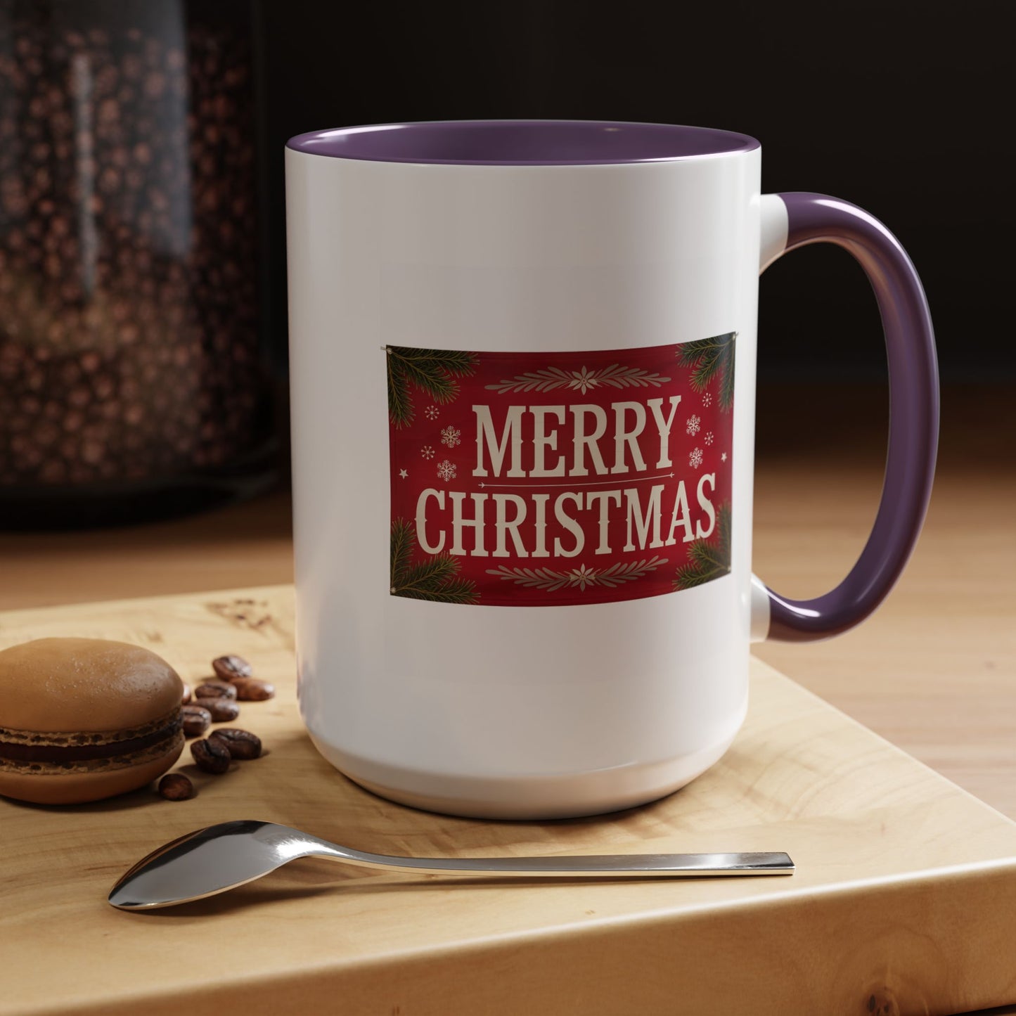 Christmas Mug - Merry Christmas Cream Text Maroon Background