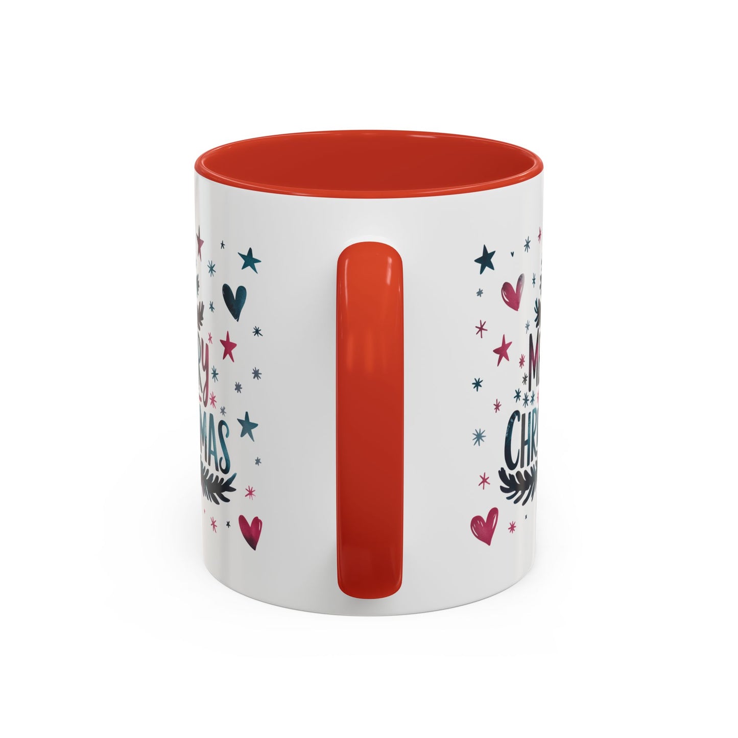Christmas Mug - Merry Christmas Maroon & Blue Text Tree Hearts Stars