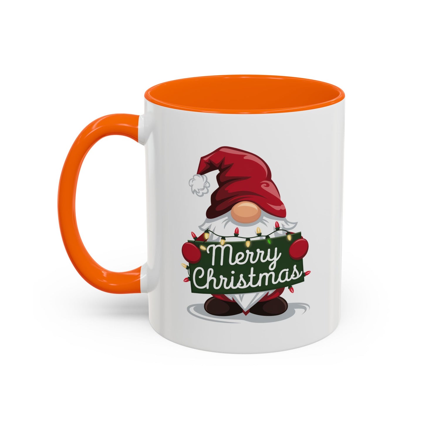 Christmas Mug - Merry Christmas White & Green Text Gnome Lights