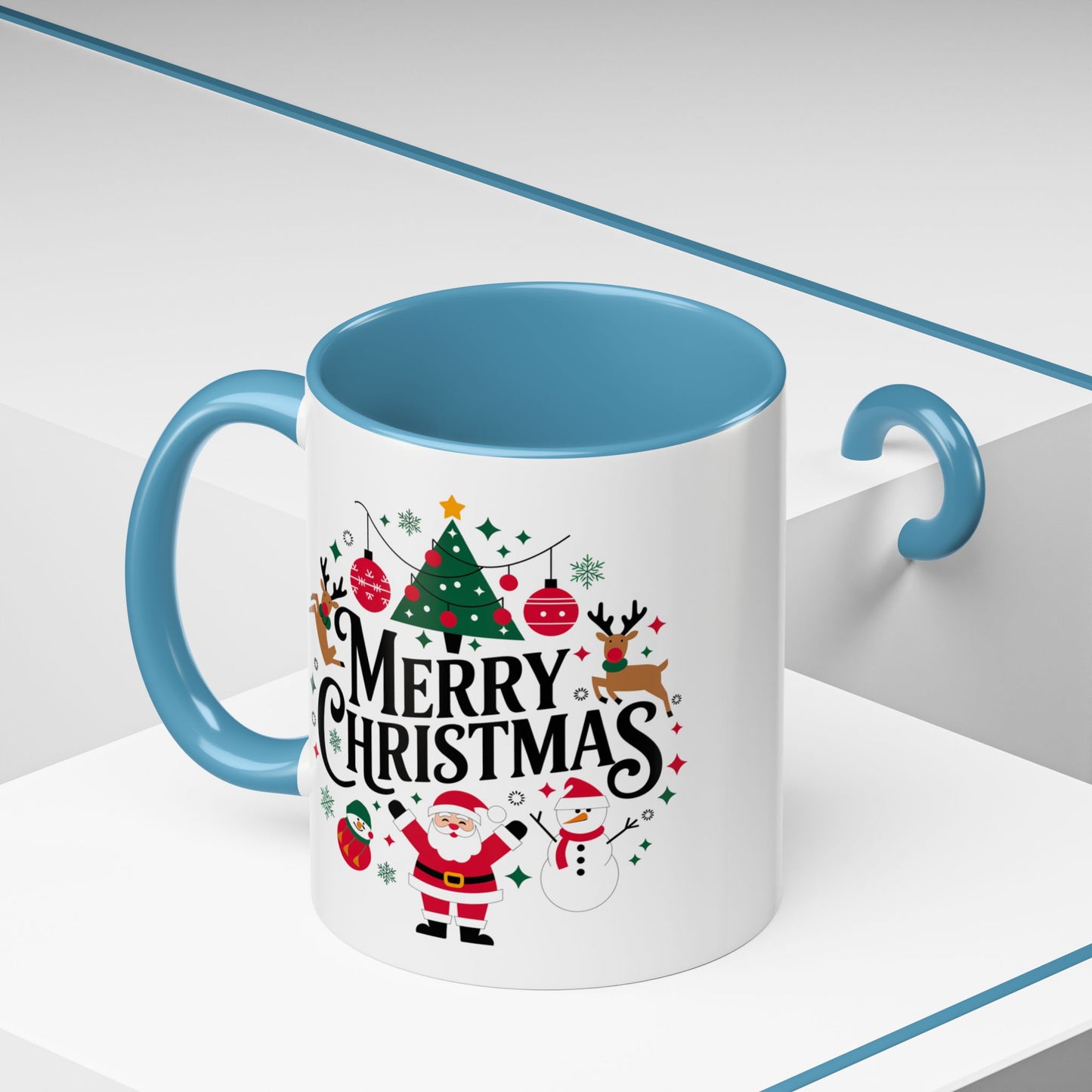 Christmas Mug - Merry Christmas Black Text Santa Reindeer Snowmen Ornaments