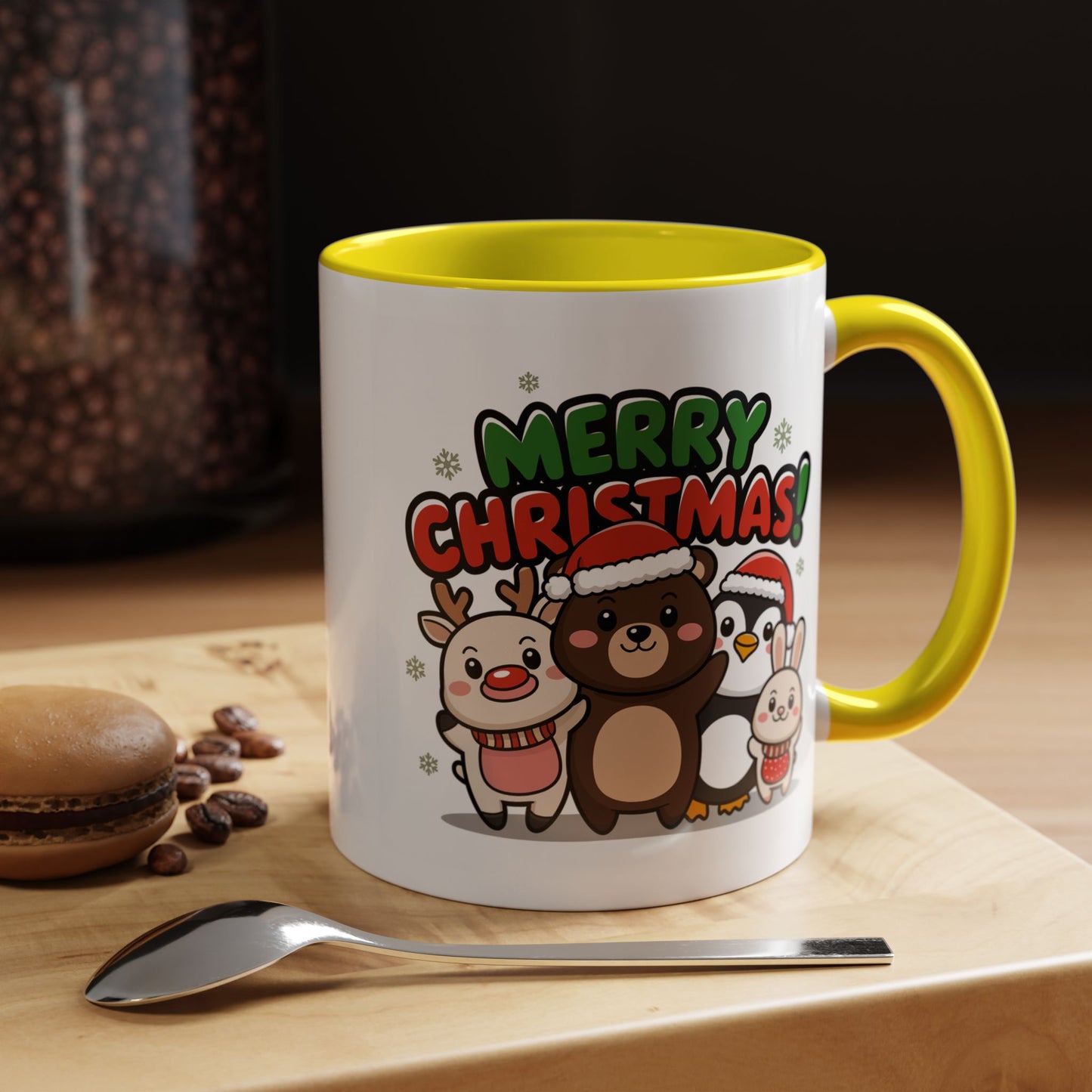 Christmas Mug - Merry Christmas Green & Red Text Cute Animals