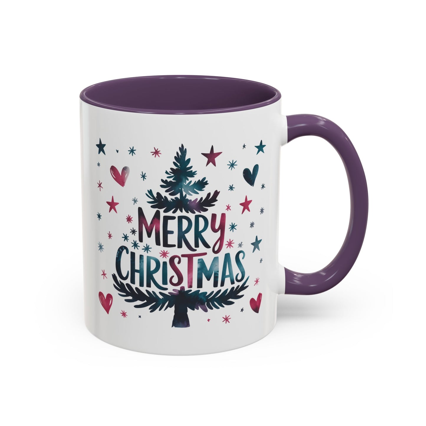 Christmas Mug - Merry Christmas Maroon & Blue Text Tree Hearts Stars