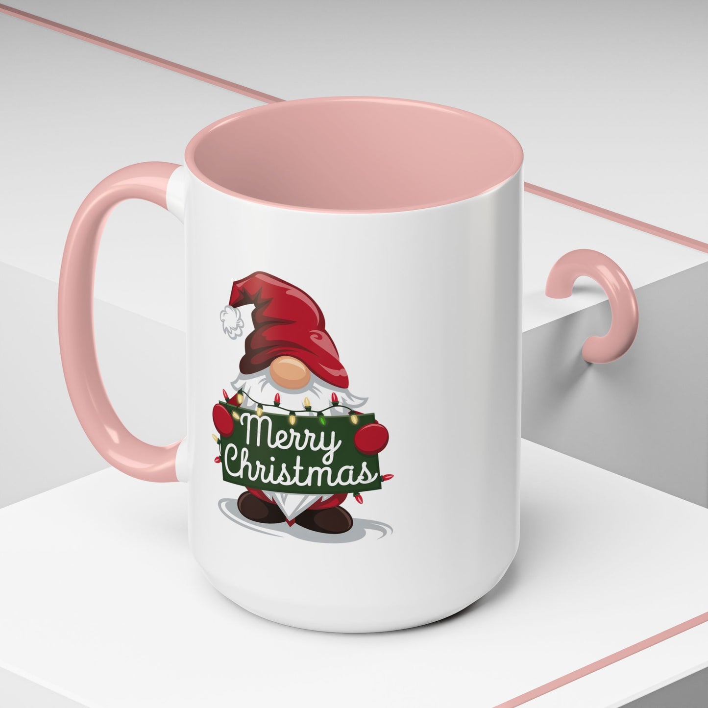 Christmas Mug - Merry Christmas White & Green Text Gnome Lights