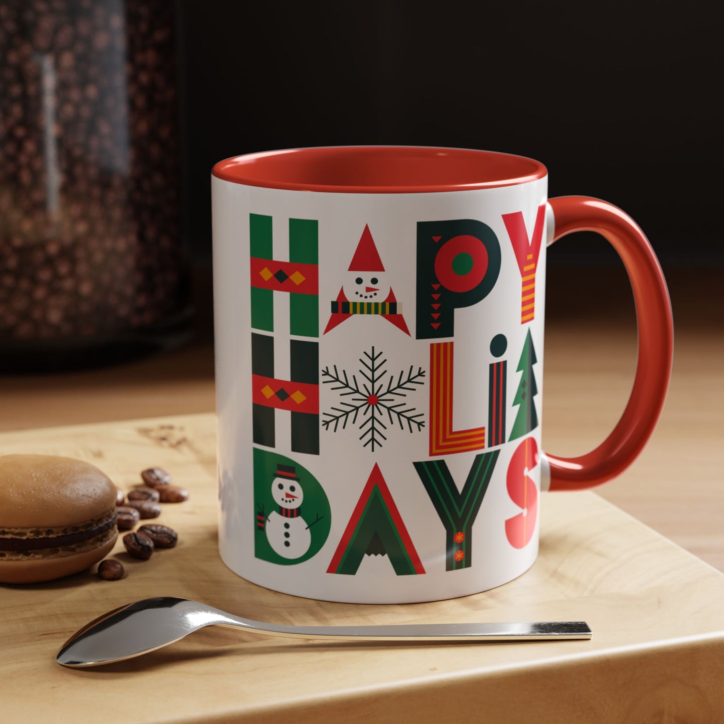 Christmas Mug - Happy Holidays Green Red & Blue Decorative Text