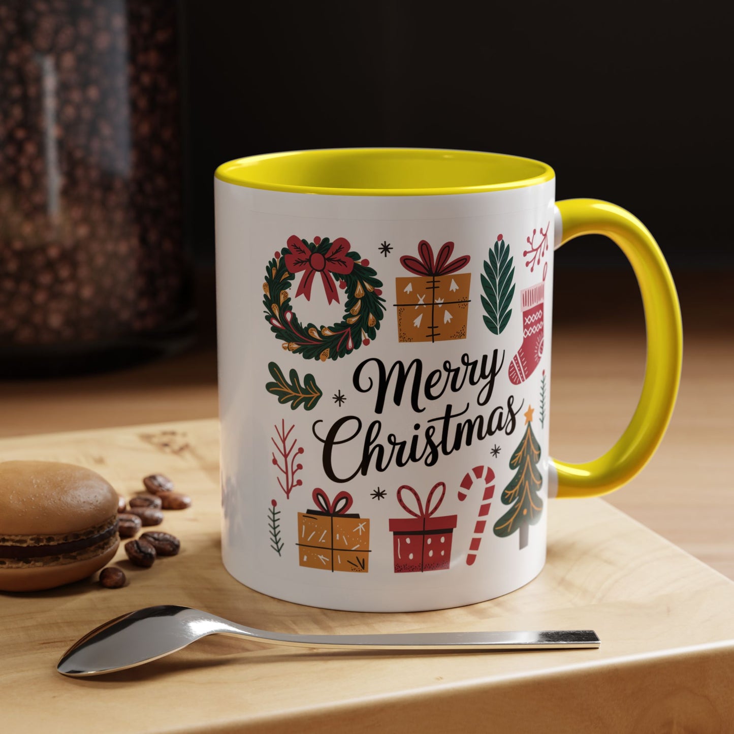 Christmas Mug - Merry Christmas Green Text Presents Tree Candy Cane