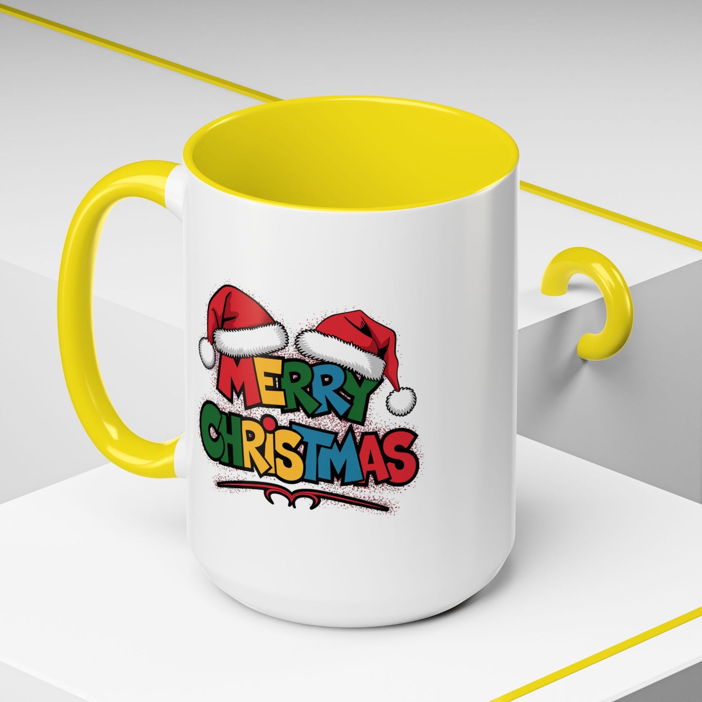 Christmas Mug - Merry Christmas Red Yellow & Blue Text Red Hats