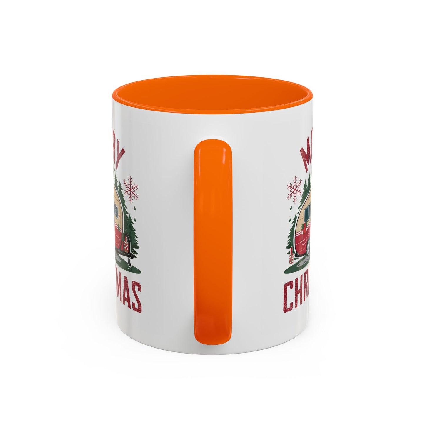 Christmas Mug - Merry Christmas Maroon Text Camper Trees Snowflakes