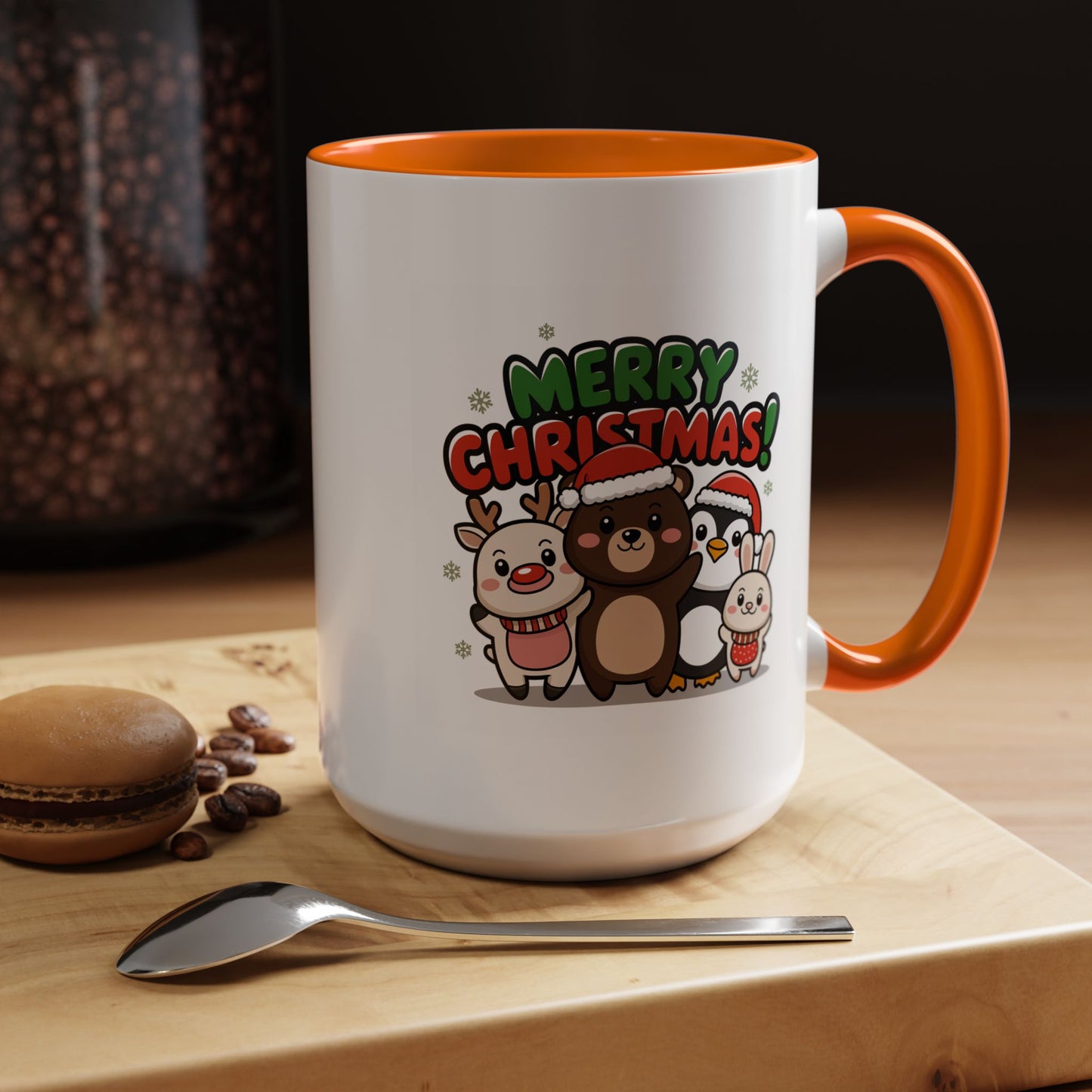 Christmas Mug - Merry Christmas Green & Red Text Cute Animals
