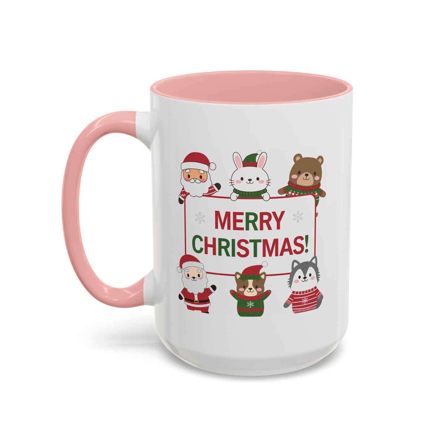 Christmas Mug - Merry Christmas Red & Green Text Santa Cute Animals
