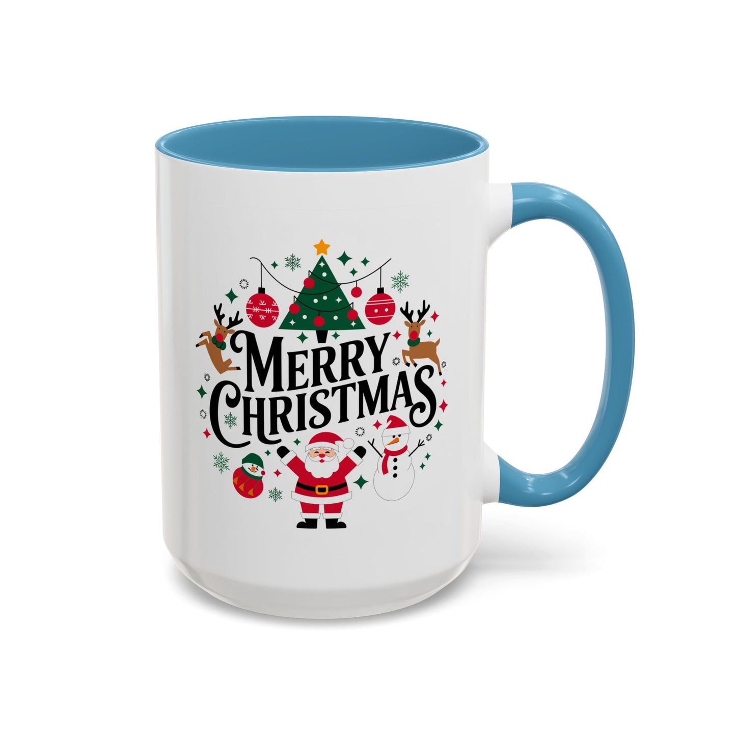 Christmas Mug - Merry Christmas Black Text Santa Reindeer Snowmen Ornaments