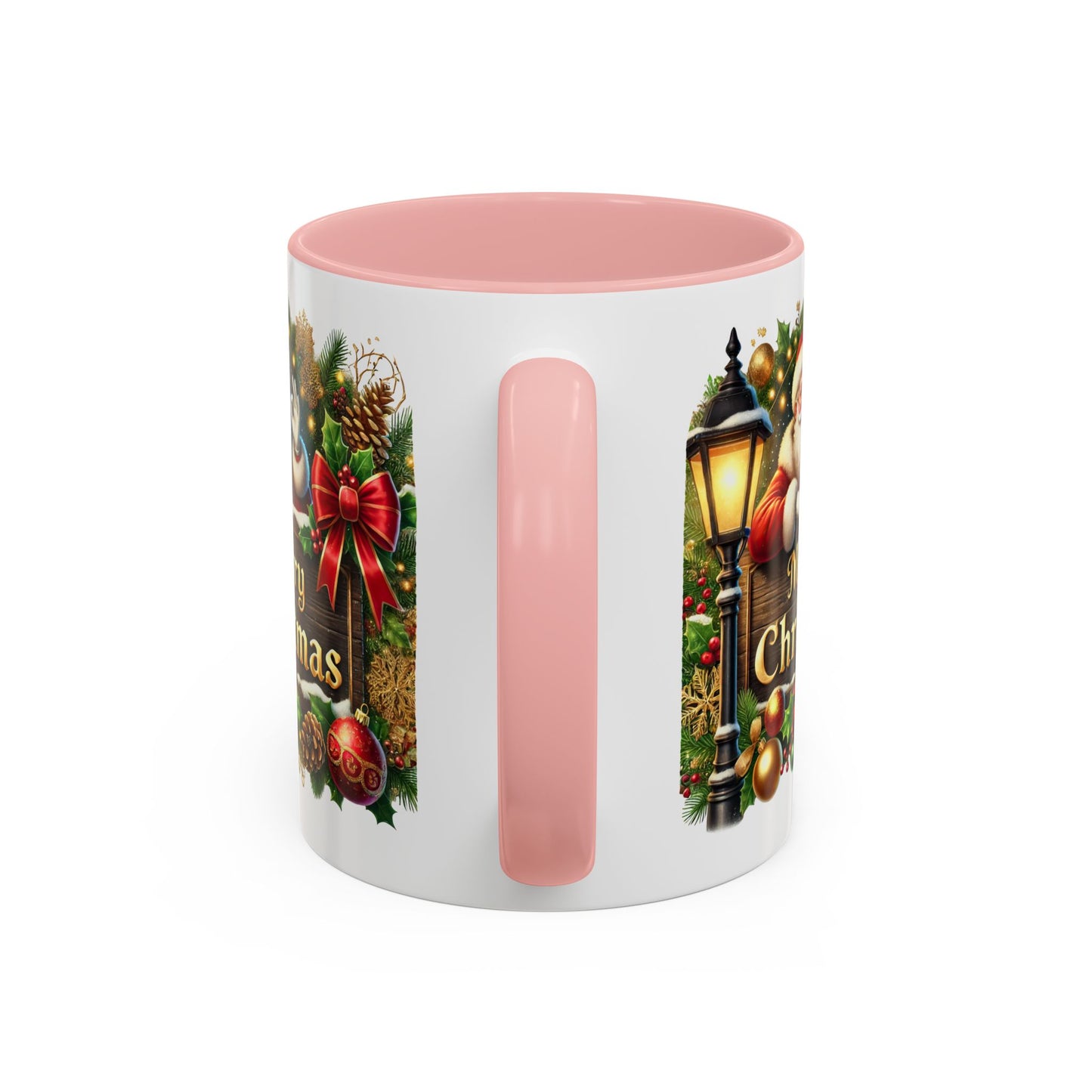 Christmas Mug - Merry Christmas Cream Text Santa Ok Light Bow Ornaments