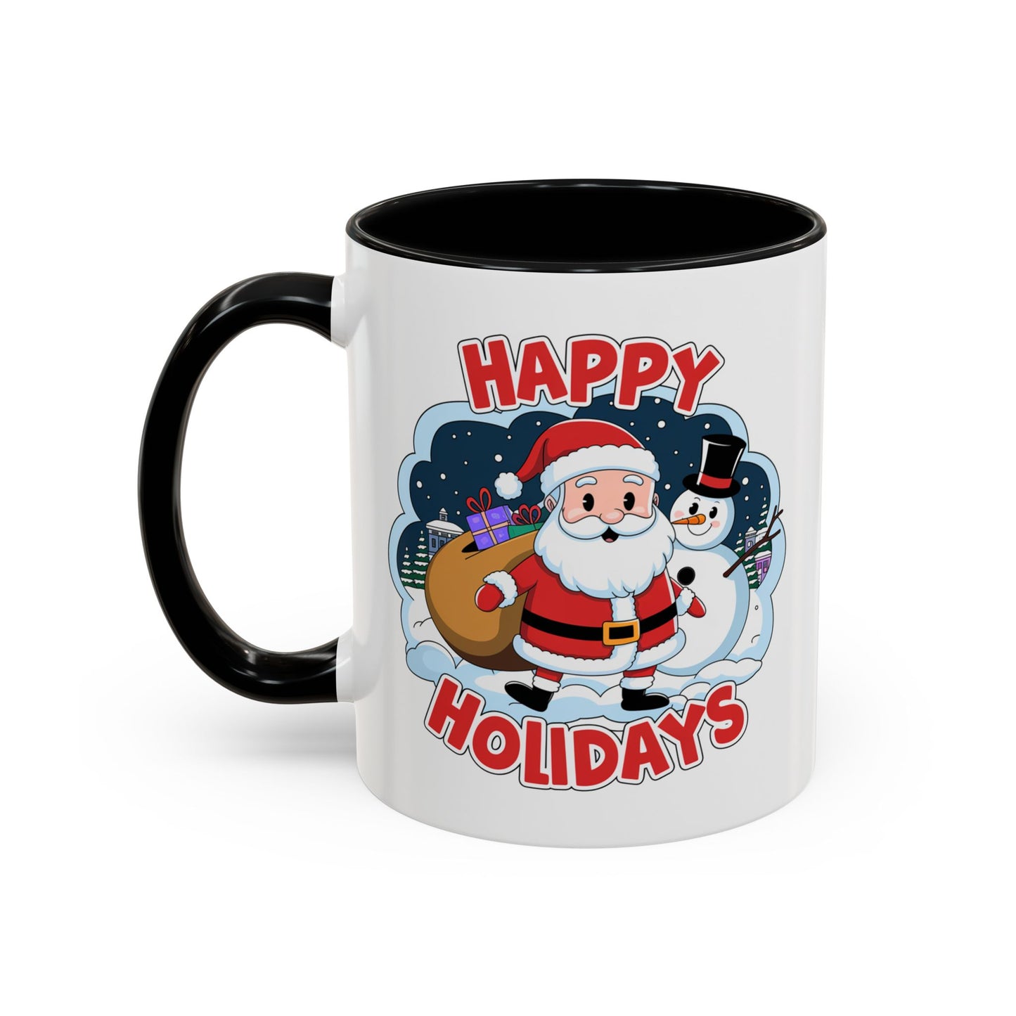 Christmas Mug - Happy Holidays Red & White Text Santa Snowman