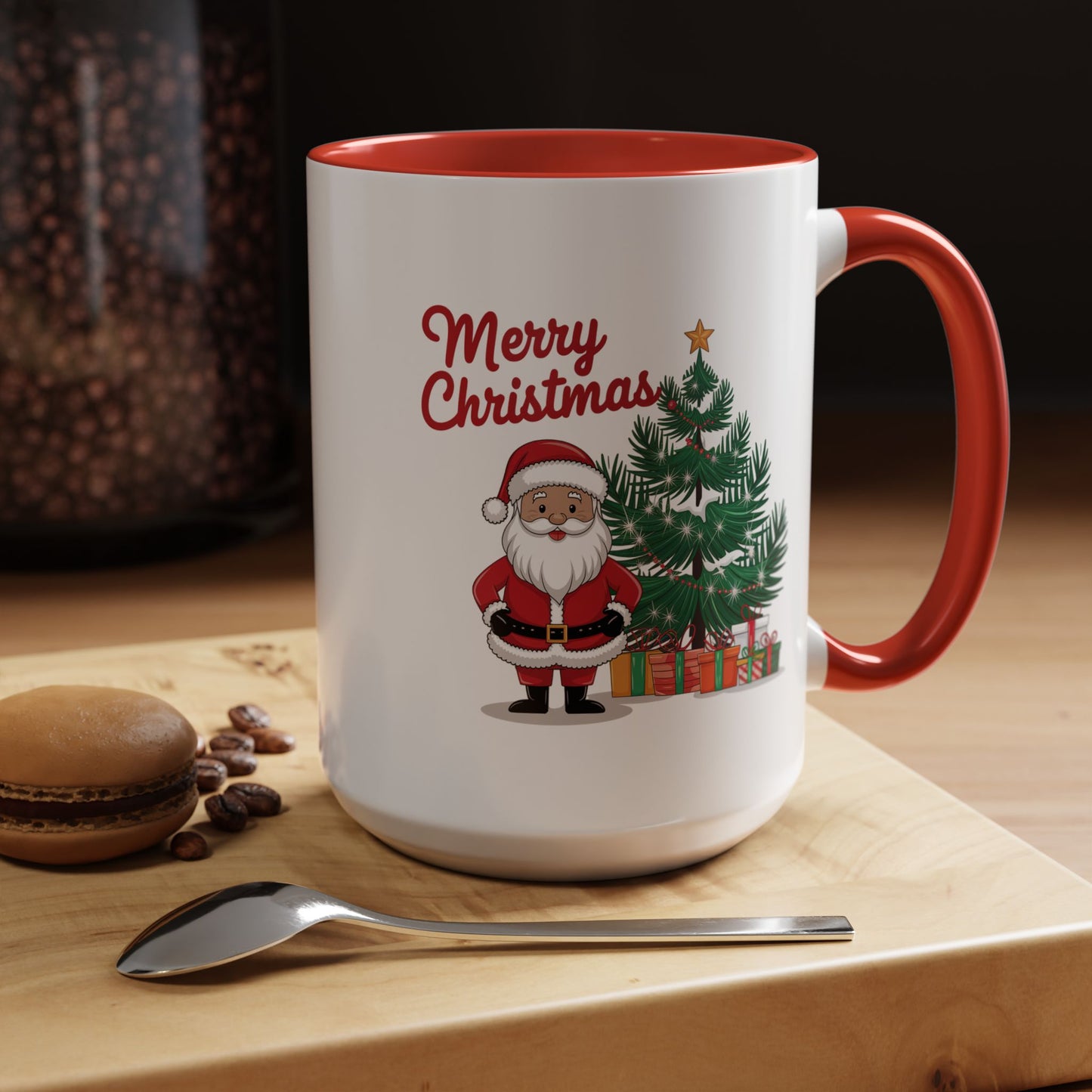 Christmas Mug - Merry Christmas Red Text Santa Tree Presents