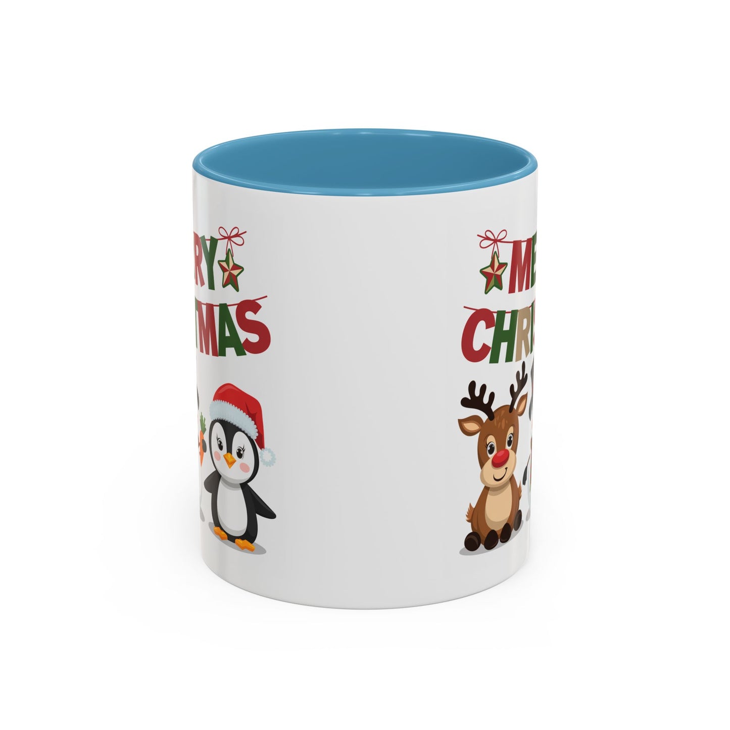 Christmas Mug - Red Green & Gold Text Reindeer Snowman Penguin
