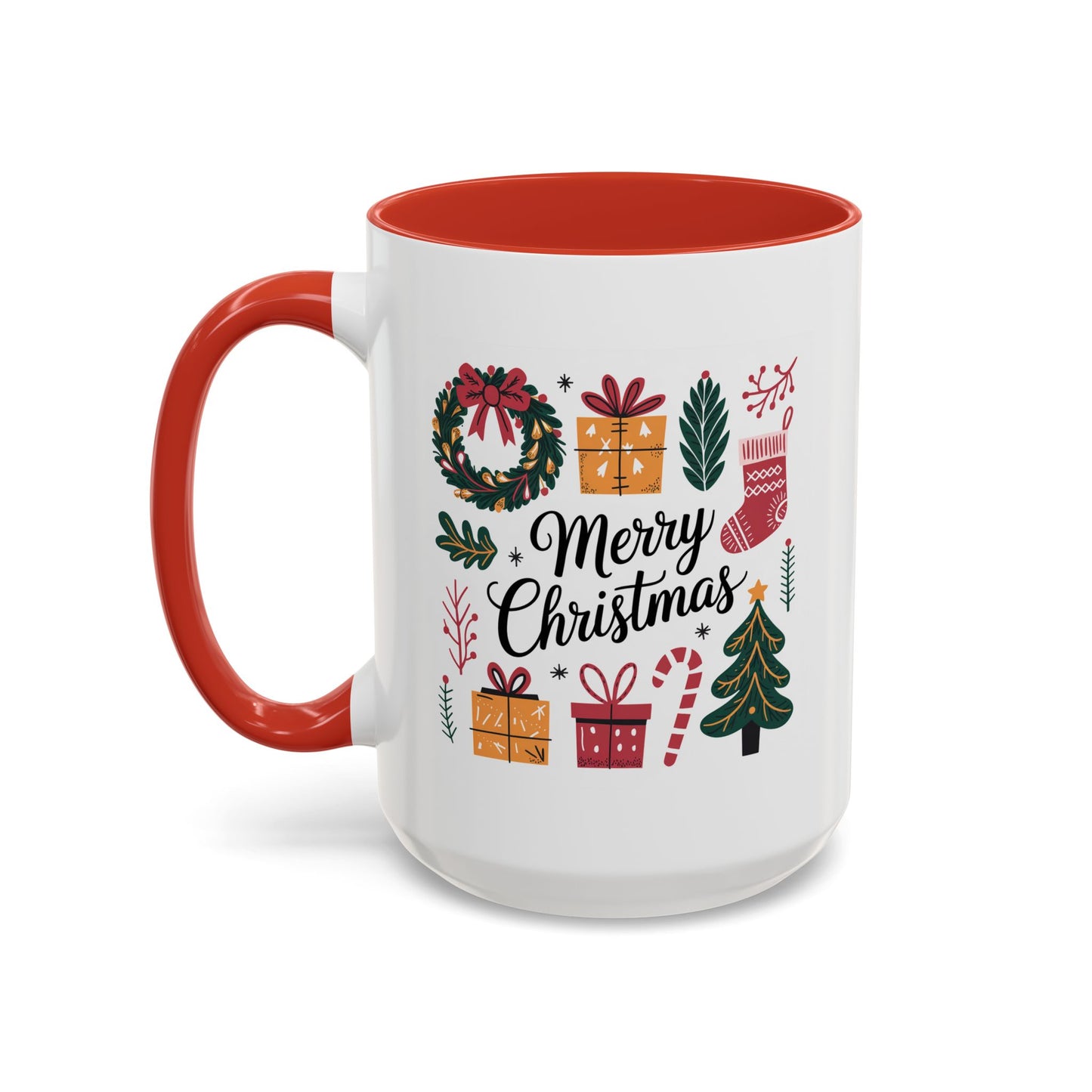 Christmas Mug - Merry Christmas Green Text Presents Tree Candy Cane